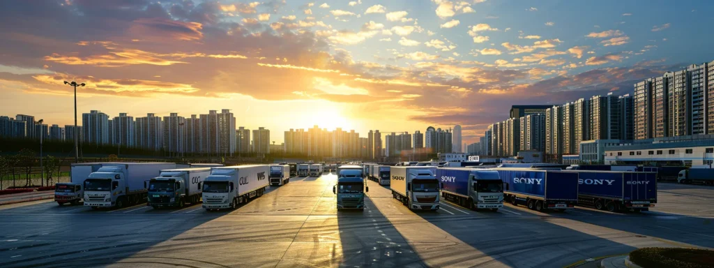 a dynamic fleet of sleek refrigerated trucks glistens under the bright sun, their vibrant drive cool logos prominently displayed against a bustling urban backdrop, symbolizing freshness and efficiency in transportation.