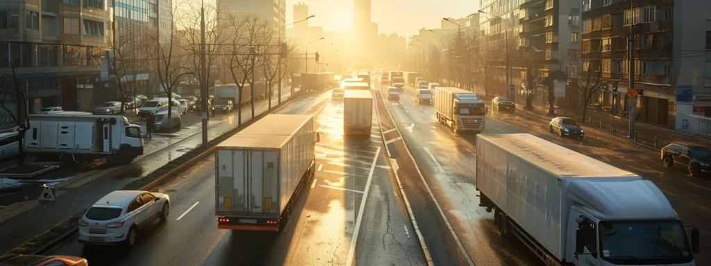 a fleet of bright, refrigerated trucks and vans, slick with frost and glistening under the morning sun, stand proud in a bustling urban setting, embodying efficiency and freshness in their sleek designs.