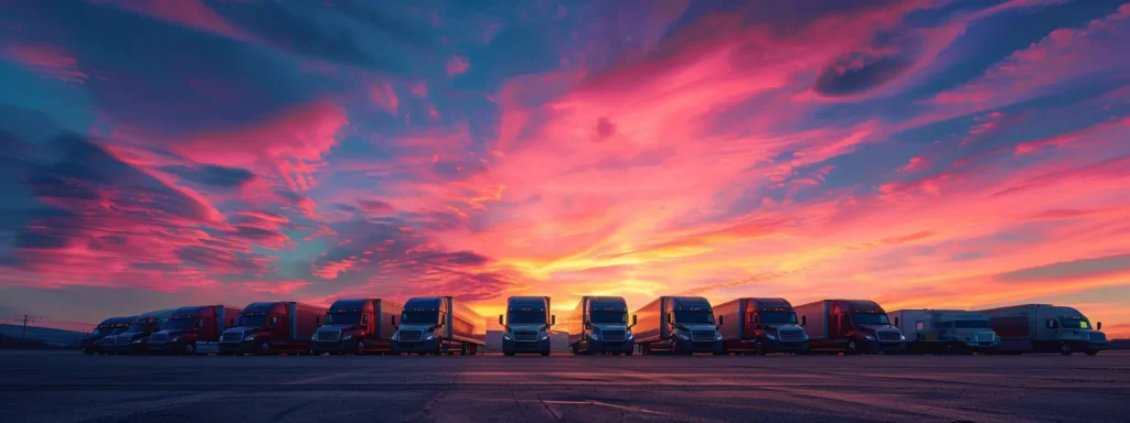 a fleet of gleaming refrigerated trucks and vans stand in perfect alignment under the warm glow of a sunset, showcasing their sleek designs and prominent cooling systems against a dramatic, colorful sky.