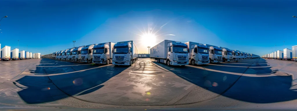 a fleet of gleaming refrigerated trucks and vans stands under a clear blue sky, their cool surfaces reflecting sunlight as they await loading at a bustling distribution center.