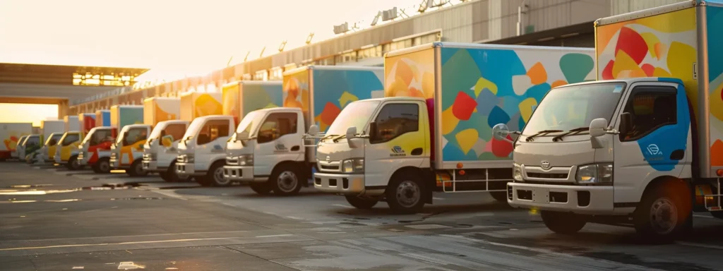 a fleet of gleaming refrigerated trucks and vans, adorned with vibrant 'drive cool' graphics, stands in a sun-drenched parking lot, their sleek lines reflecting the warmth of the day while promising fresh deliveries.