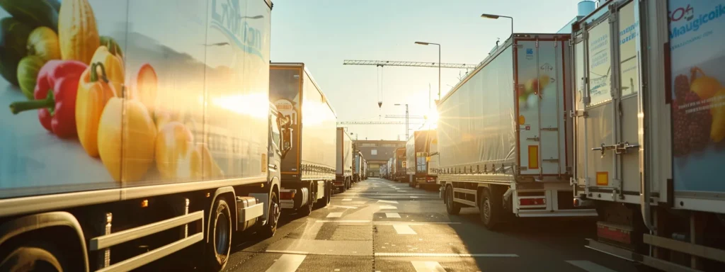 a fleet of gleaming refrigerated trucks and vans, brimming with fresh produce, lines a sunlit street, showcasing their vibrant 'drive cool' branding against a backdrop of a clear blue sky.