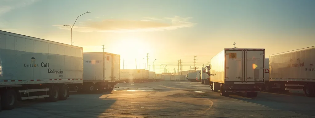 a fleet of gleaming refrigerated trucks and vans, emblazoned with vibrant 'drive cool' logos, stands proudly in a sunlit industrial yard, showcasing their robust refrigeration systems against a backdrop of a clear blue sky.