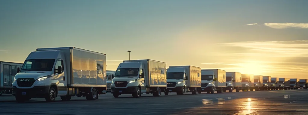 a fleet of modern refrigerated trucks and vans, glistening under bright sunlight, showcases their sleek design and robust cooling capabilities against a clear blue sky.