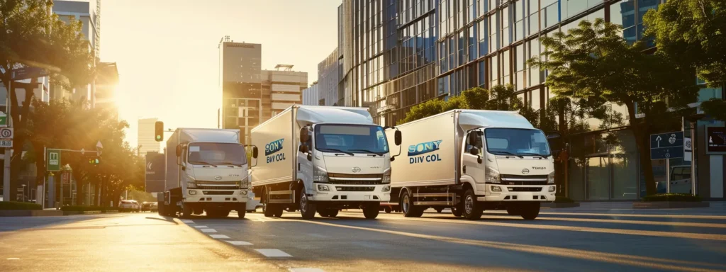 a fleet of pristine refrigerated trucks and vans, showcasing the sleek 'drive cool' logo, stands in a sunlit urban setting, radiating efficiency and innovation.