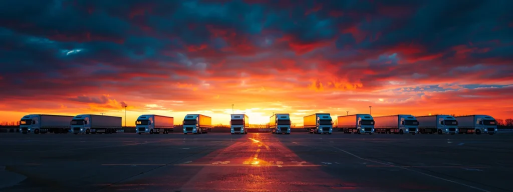 a fleet of sleek, gleaming refrigerated trucks stands in sharp contrast against a vibrant sunset, their glistening surfaces reflecting the warm hues while emphasizing their cool, efficient purpose.