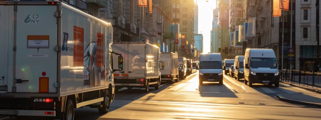 a fleet of sleek, modern refrigerated trucks and vans glisten under the bright sunlight, showcasing their vibrant, eye-catching graphics as they line up on a bustling urban street, ready for action.