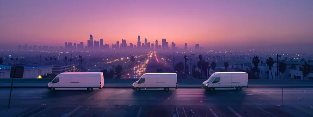 a fleet of sleek, modern chiller vans glides through a bustling urban landscape at dusk, their vibrant cooling technology glowing softly against the backdrop of a vibrant city skyline.