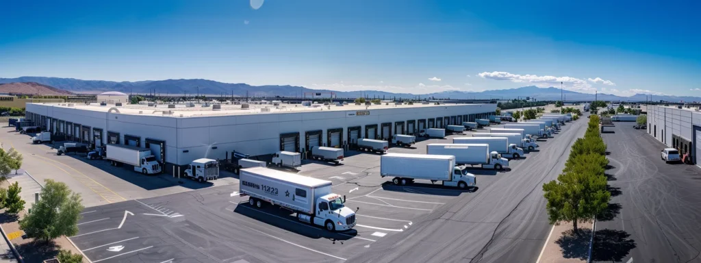 a fleet of sleek, modern refrigerated trucks and vans, gleaming under bright sunlight, line a busy distribution center, showcasing their impressive cooling technology against a backdrop of vibrant blue skies and industrial architecture.