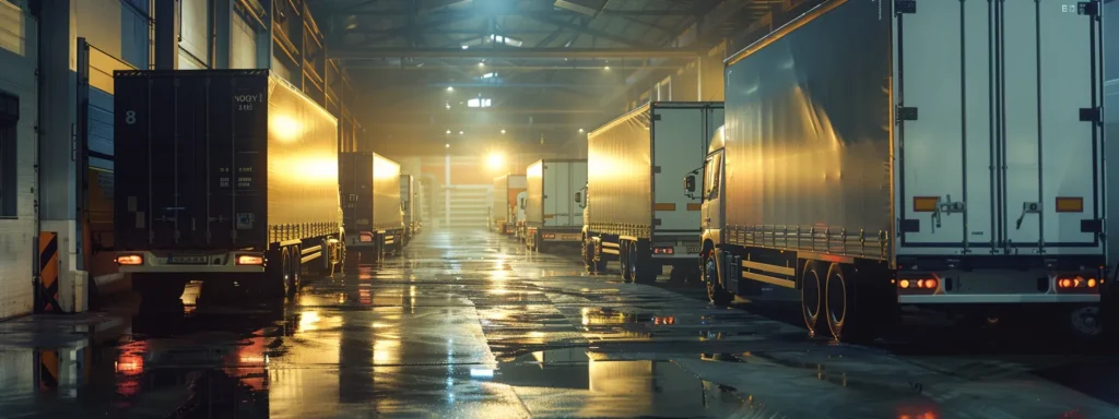 a fleet of sleek, modern refrigerated trucks glistens under the soft glow of early morning light, parked in a spacious loading dock, emphasizing their efficient design and capacity to transport perishable goods.