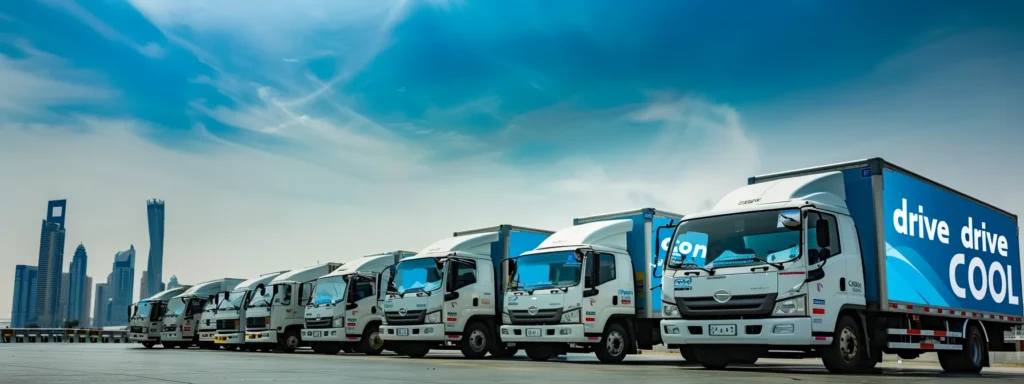 a fleet of sleek, modern refrigerated trucks lined up under a clear blue sky, showcasing their vibrant