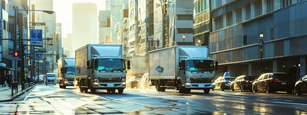 a fleet of sleek, modern refrigerated trucks glistens under the bright sunlight, showcasing their vibrant cool blue logos against a backdrop of a bustling city street, symbolizing efficiency in temperature-controlled logistics.