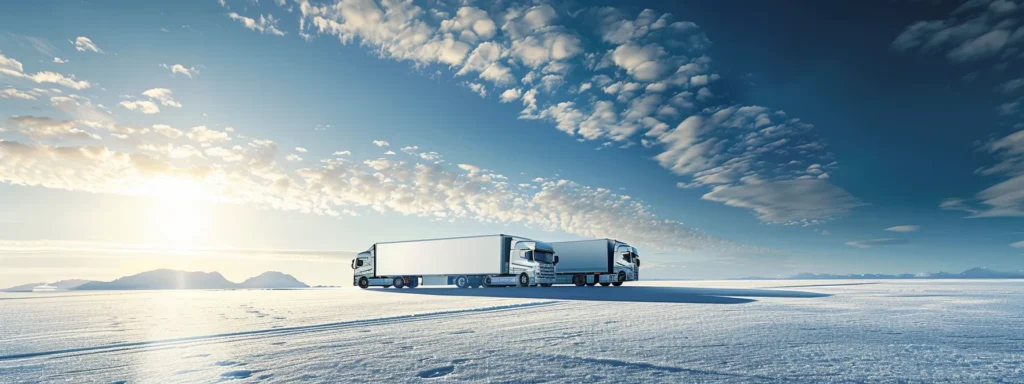 a fleet of sleek, modern refrigerated trucks gleams under the bright sunlight, showcasing their pristine, insulated designs against a vibrant blue sky.