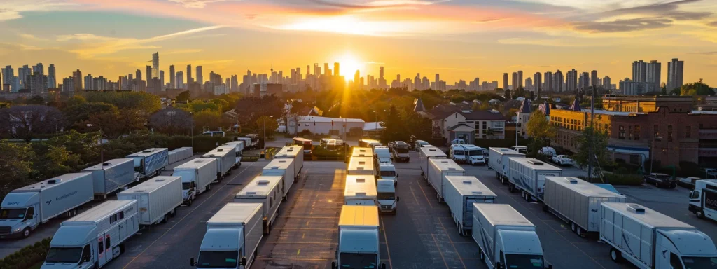 a fleet of sleek, modern refrigerated trucks and vans, their glossy surfaces reflecting the sunlight, lined up against a vibrant city backdrop, symbolizing efficiency and reliability in cold chain logistics.