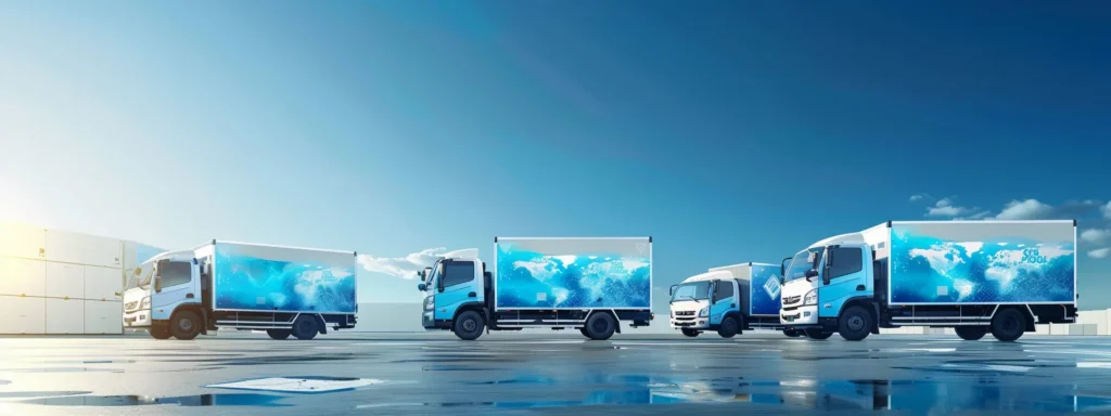 a fleet of sleek, modern refrigerated trucks and vans gleams under bright daylight, showcasing their robust design and vibrant 'drive cool' branding against the backdrop of a clear blue sky.