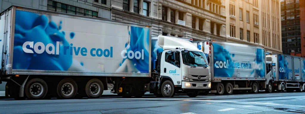 a fleet of sleek, modern refrigerated trucks and vans, glistening under the bright sun, is parked in a bustling urban setting, showcasing their vibrant, eye-catching