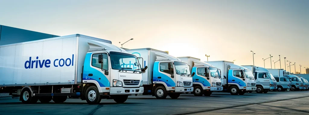 a fleet of sleek, modern refrigerated trucks and vans stands proudly in a sunlit urban yard, showcasing their vibrant