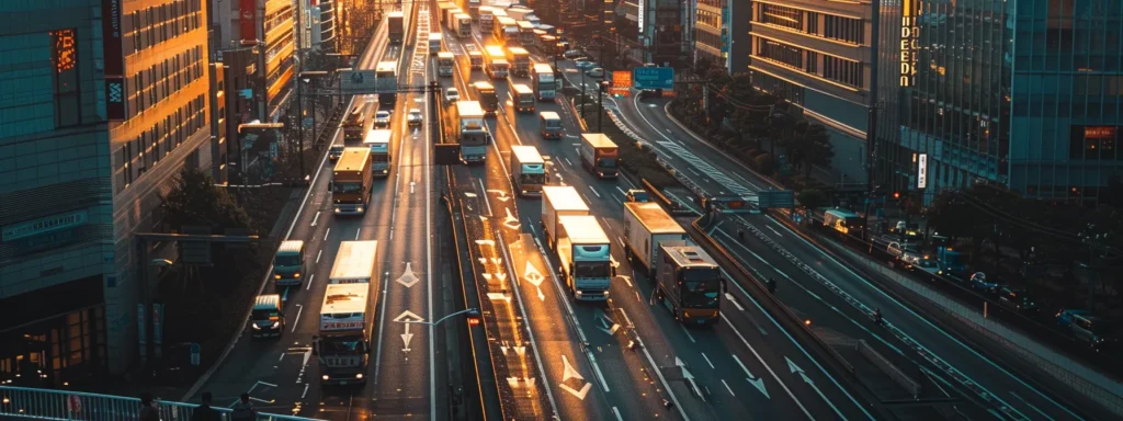 a fleet of sleek, refrigerated trucks gleams under the vibrant golden light of dusk, showcasing their drive cool logos prominently against the backdrop of a bustling urban landscape.