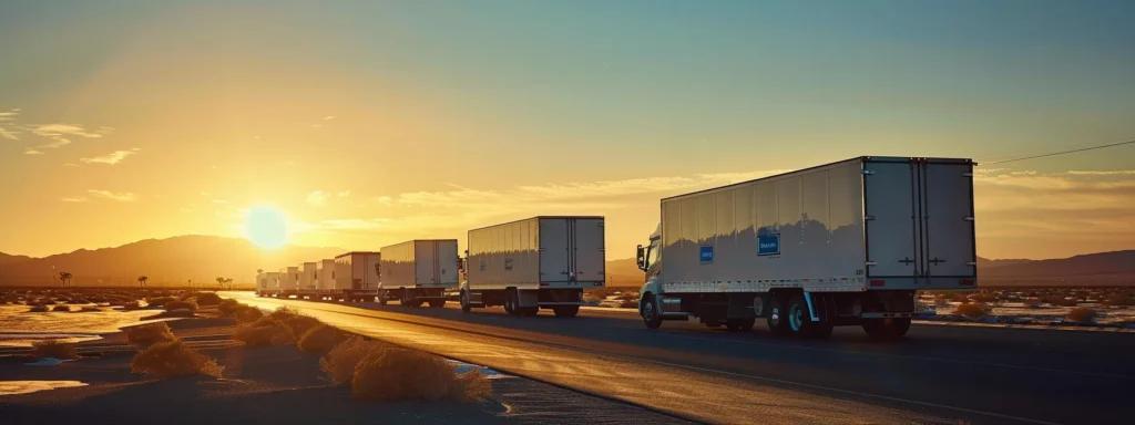 a fleet of sleek, refrigerated trucks glides along a sunlit highway, their glistening exteriors reflecting the vibrant blue sky while exuding a sense of efficient transportation and freshness.