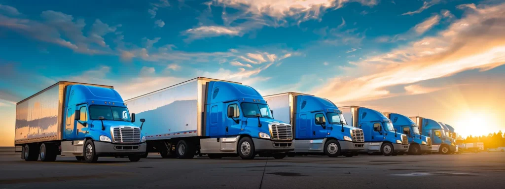 a fleet of sleek refrigerated trucks and vans glistening under the golden hour sun, showcasing their bright, cool blue exteriors and innovative design, parked against a backdrop of clear blue skies and crisp white clouds.