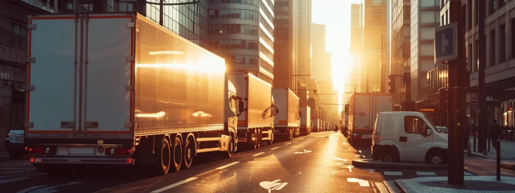 a fleet of sleek, refrigerated trucks glistens under the warm sunlight, their bright white exteriors reflecting the vibrant cityscape as they stand ready to deliver fresh produce.