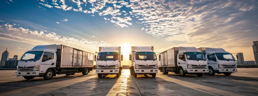 a fleet of sleek refrigerated trucks and vans, prominently showcasing the drive cool logo, glistens under the bright sunlight against a backdrop of an expansive urban landscape.