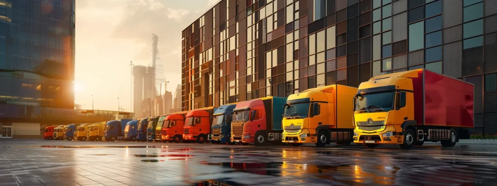 a fleet of sleek refrigerated trucks in vibrant colors, parked in a sunlit urban landscape, showcasing their impressive cooling technology against a backdrop of modern architecture.