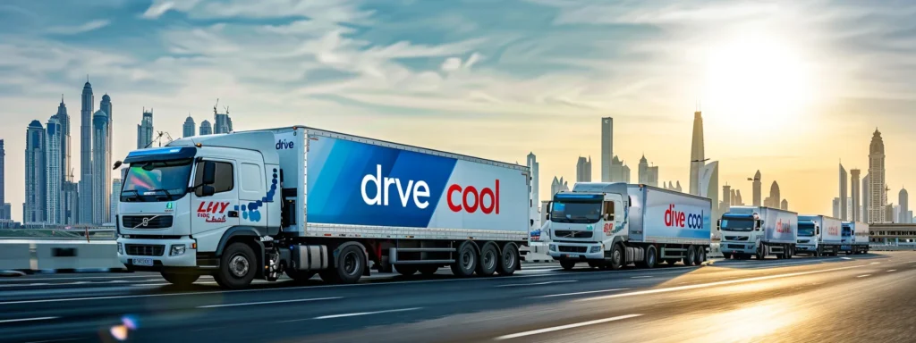 a fleet of sleek, refrigerated trucks glistens under the bright afternoon sun, showcasing their vibrant