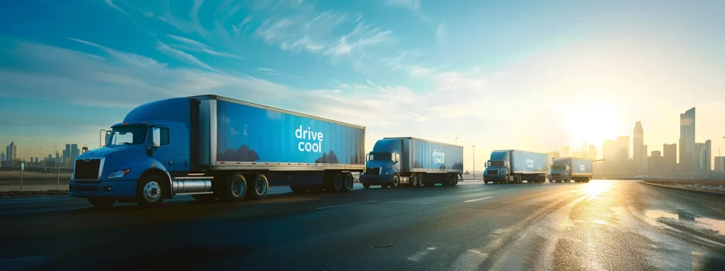 a fleet of sleek refrigerated trucks glistens under the brilliant sunlight, showcasing their vibrant