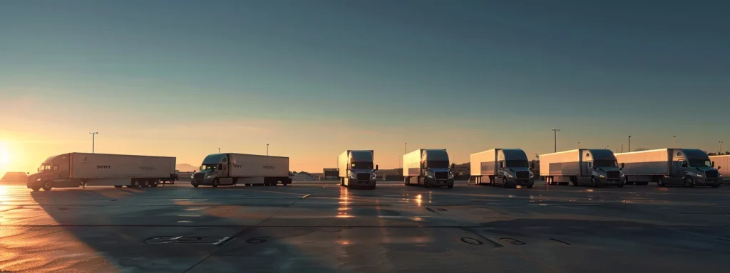 a fleet of sleek refrigerated trucks glistens in the morning sun, showcasing their pristine, aerodynamic designs against a backdrop of a clear blue sky, embodying efficiency and reliability in temperature-controlled transportation.