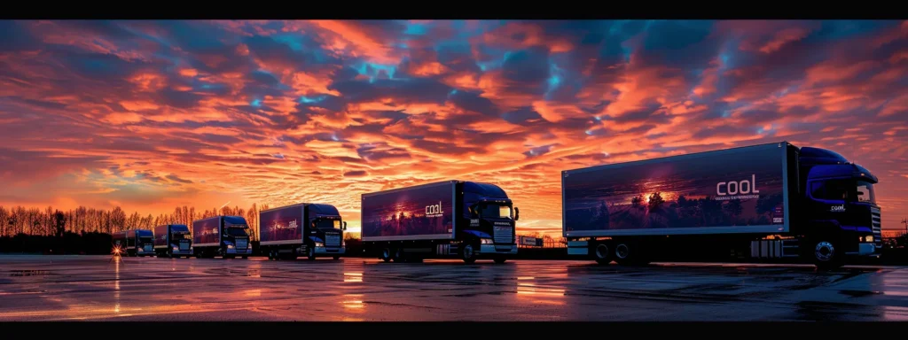 a fleet of sleek, refrigerated trucks glides through a vibrant sunset, their reflective surfaces glimmering under the warm hues of orange and pink, highlighting the innovative “drive cool” logo prominently displayed on each vehicle.