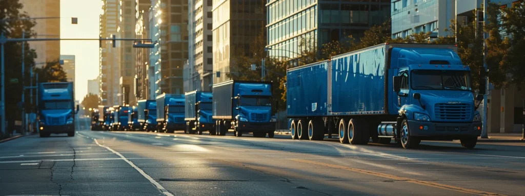 a fleet of sleek, refrigerated trucks gleaming under the soft morning sun, showcasing their vibrant, cool blue exterior, ready to transport fresh produce across urban landscapes.