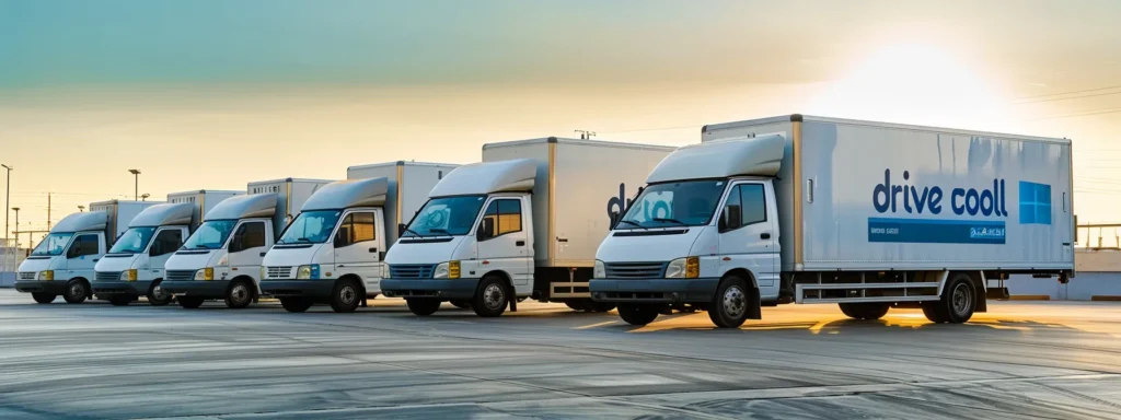 a fleet of sleek refrigerated trucks and vans glimmer under the afternoon sun, showcasing their pristine surfaces and vibrant