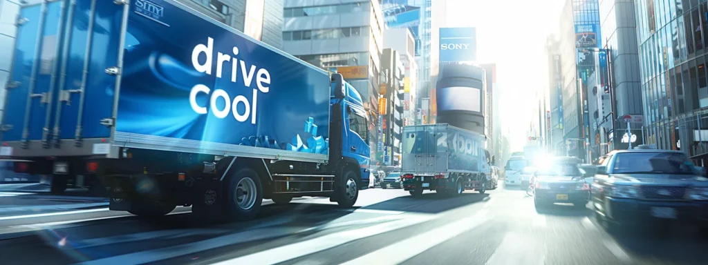 a fleet of sleek, shiny refrigerated trucks and vans glistens under bright sunlight, showcasing their vibrant “drive cool” logos as they prepare to transport fresh produce across a bustling cityscape.