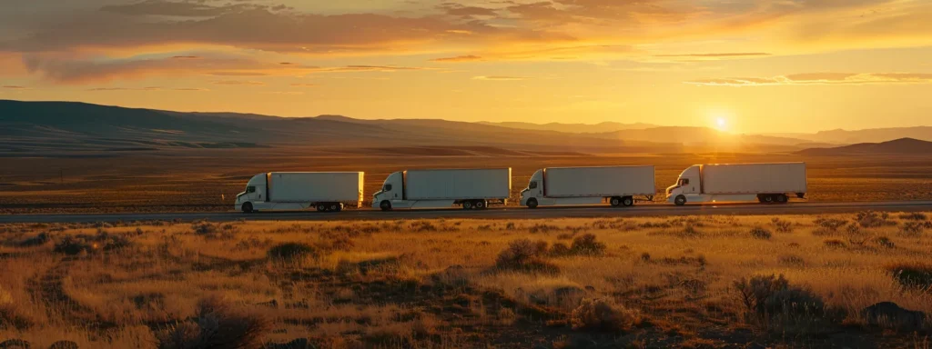 a fleet of sleek, white refrigerated trucks poised under a vibrant sunset, their glossy surfaces reflecting the warm hues, symbolizing reliability and freshness in transportation.