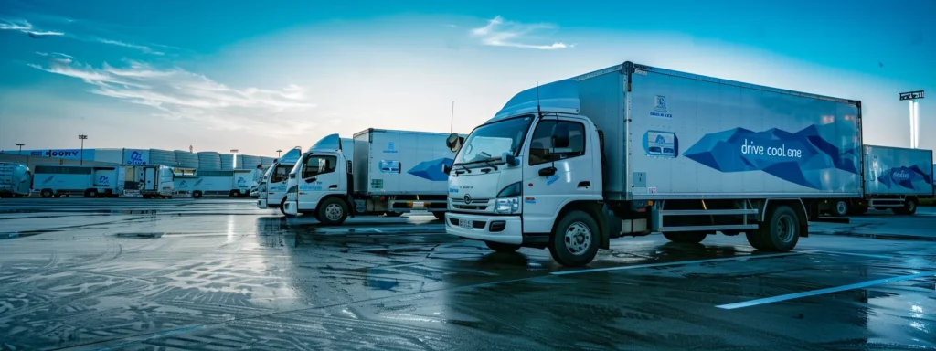 a fleet of sleek, white refrigerated trucks and vans, adorned with vibrant blue