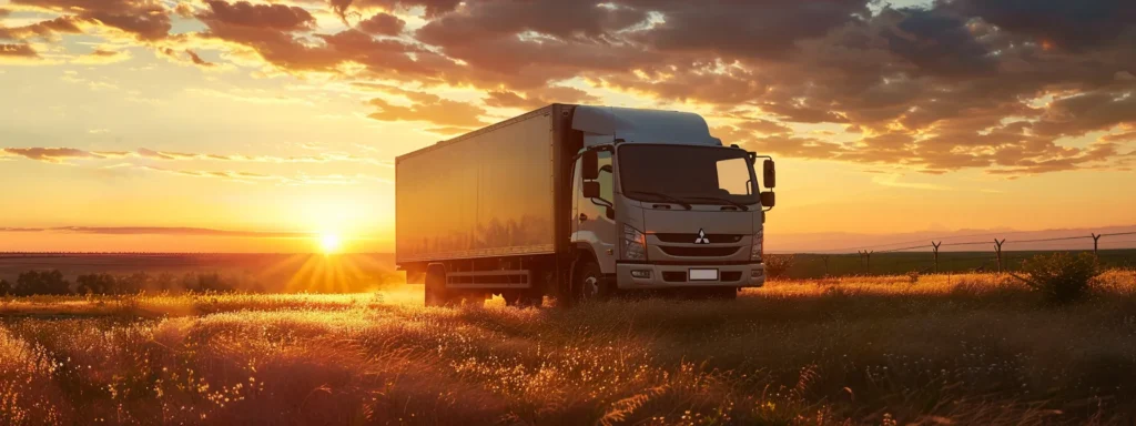 a robust mitsubishi canter 3.5-ton refrigerated truck stands proudly against a vibrant sunset, its gleaming exterior reflecting the warm hues while the prominent drive cool logo accentuates its superiority in refrigeration.