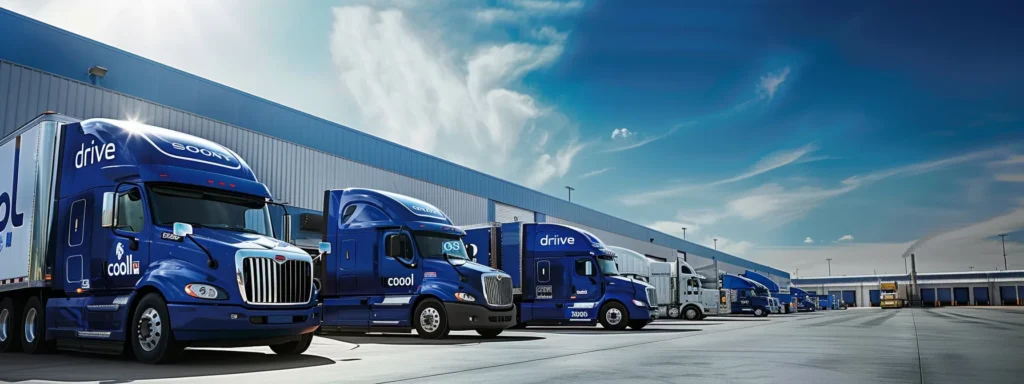 a row of sleek, gleaming refrigerated trucks parked under bright blue skies, showcasing their aerodynamic designs and vibrant