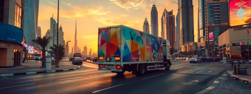 a sleek, brightly colored refrigerated truck glides through the bustling streets of dubai, showcasing advanced chilled partition technology and emphasizing enhanced efficiency in cold chain logistics under a radiant sunset glow.