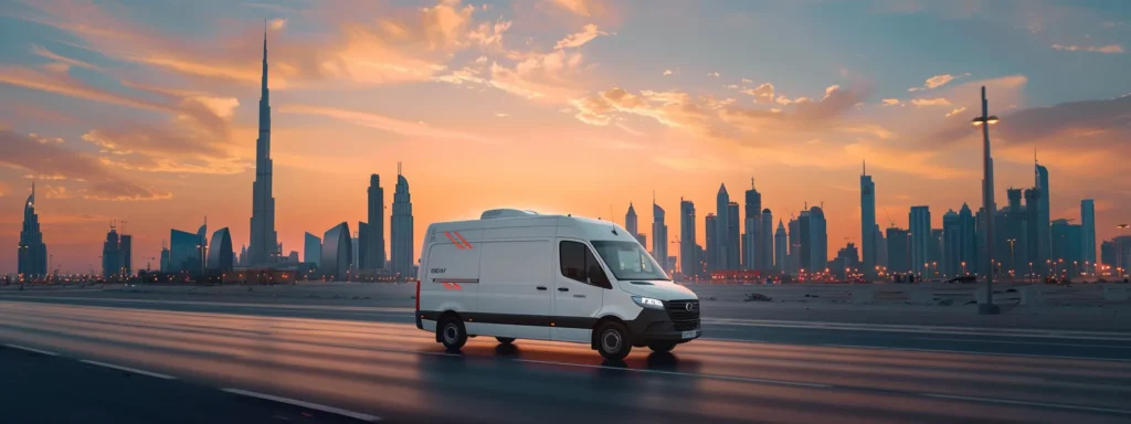 a sleek chiller van equipped with advanced refrigeration technology, set against the bustling backdrop of dubai and sharjah, capturing the essence of efficient delivery and high-quality transport of perishable goods under vibrant sunset lighting.