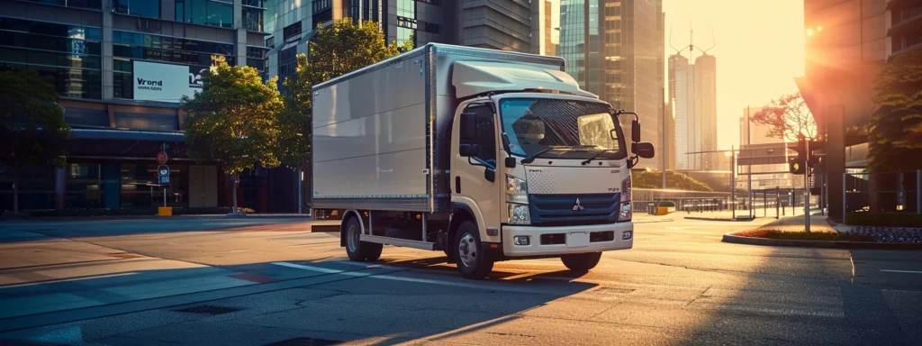 a sleek mitsubishi canter 3.5 ton refrigerated truck stands poised in a sunlit urban environment, its gleaming exterior reflecting the vibrancy of the bustling city around it.