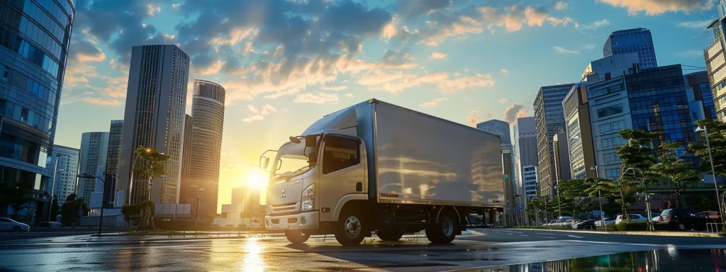 a sleek mitsubishi canter 3.5 ton refrigerated truck stands majestically under the morning sun, its bright, cool blue hues reflecting the promise of fresh deliveries, set against a backdrop of a bustling cityscape.