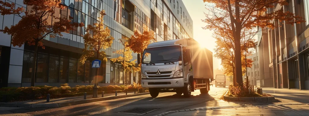 a sleek mitsubishi canter 3.5-ton refrigerated truck, adorned with the drive cool logo, stands parked under bright sunlight, showcasing its modern design and gleaming exterior against a vibrant urban backdrop.