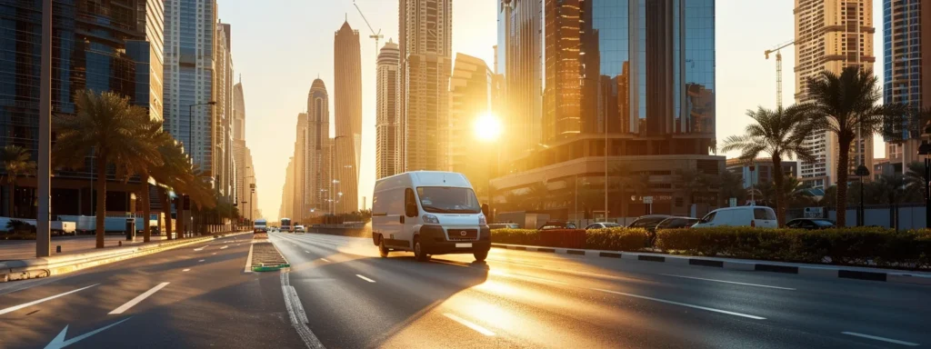 a sleek, modern chiller van glides through the sunlit streets of dubai, showcasing its advanced air conditioning system while delivering perishable goods in pristine condition against a backdrop of shimmering skyscrapers.