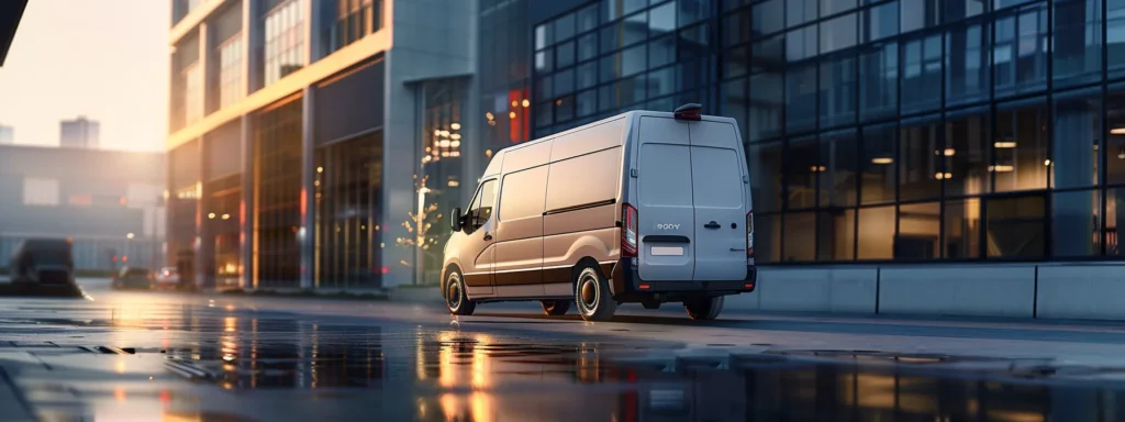 a sleek, modern chiller van parked against a backdrop of a bustling urban delivery hub, showcasing efficient cold chain logistics with its gleaming exterior and ample space for perishable goods.