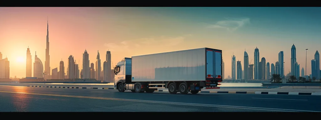 a sleek, modern refrigerated truck stands prominently against a bright dubai skyline, showcasing its sophisticated partition system in a clear, captivating view that highlights cargo integrity and energy efficiency.