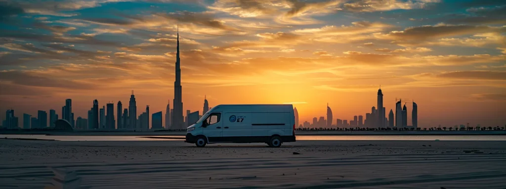 a sleek refrigerated chiller van, adorned with a modern logo, elegantly parked against the backdrop of dubai's skyline, capturing the essence of efficient temperature-controlled delivery in a vibrant, sunlit setting.