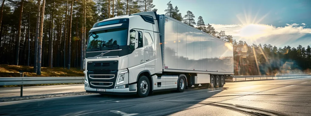 a sleek refrigerated truck, partitioned for optimal temperature control, stands out against a vibrant backdrop, showcasing its robust insulation and secure structure as it glides smoothly on a sunlit highway, embodying freshness and efficiency.