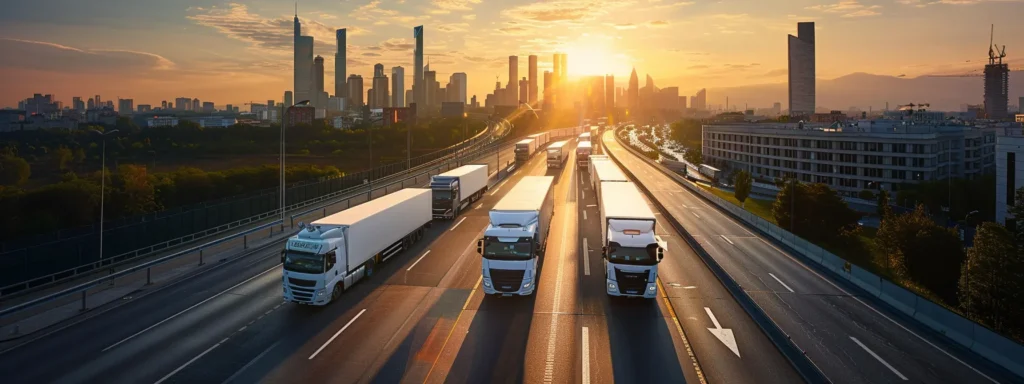 a convoy of gleaming refrigerated trucks, their sleek surfaces shimmering under the warm sun, stands ready to deliver fresh produce amidst a vibrant cityscape, showcasing efficiency and reliability.