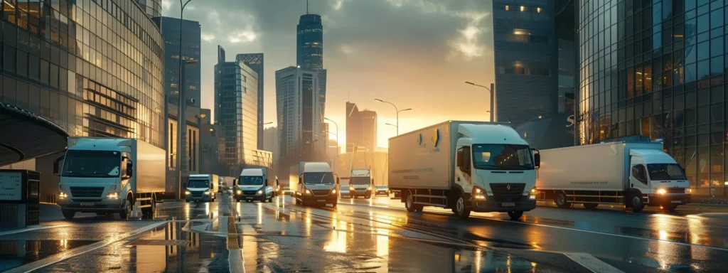 a fleet of sleek refrigerated trucks and vans, prominently displaying vibrant drive cool branding, is lined up in a modern urban logistics hub, showcasing their cutting-edge design against a backdrop of bustling city streets.
